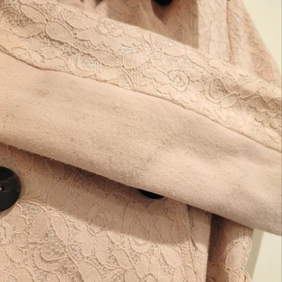 BCBG Generation Pink Lace Trench Short Coat Double Breasted Collared Belted S - Picture 6 of 10